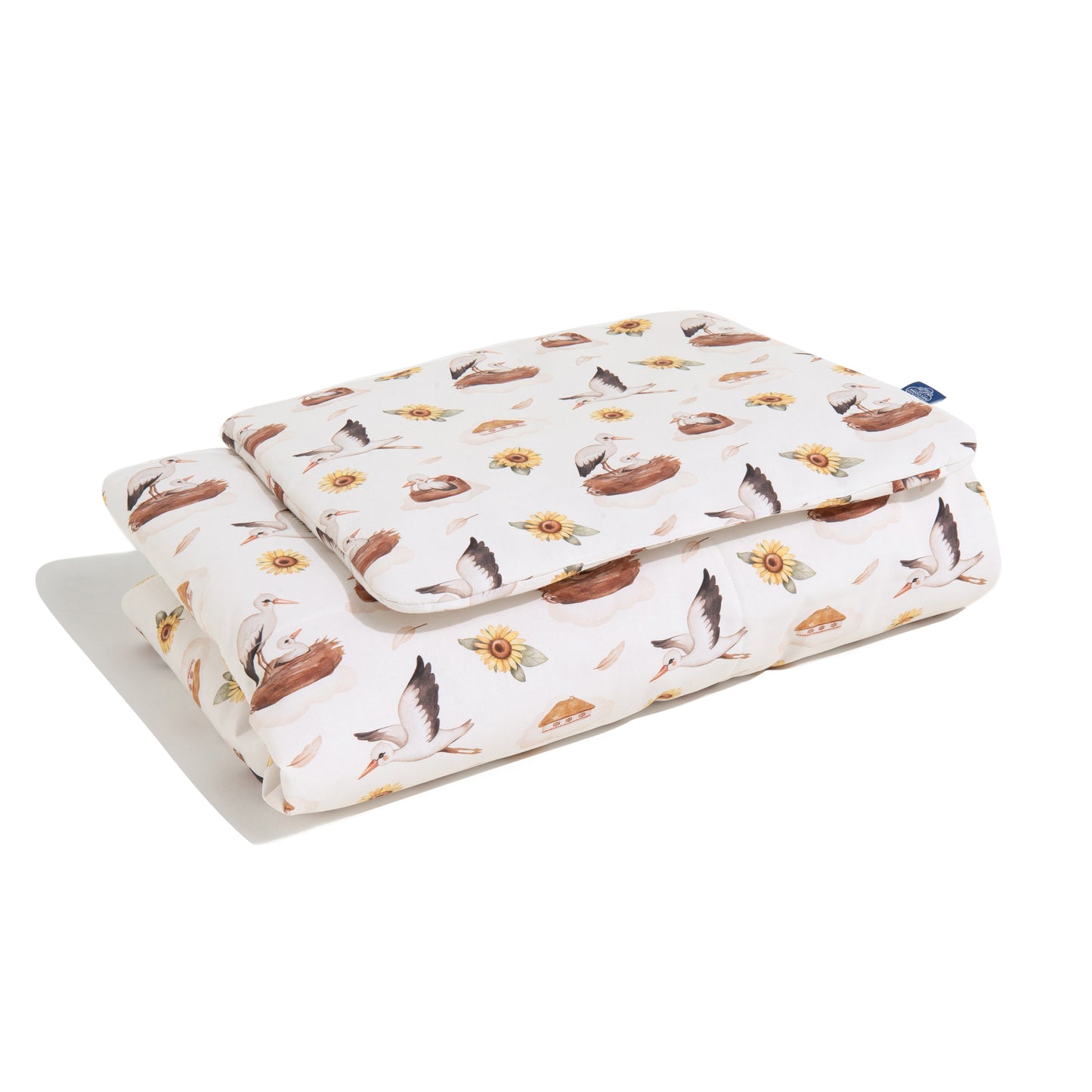Kids bedding set with stork and sunflower pattern, side view