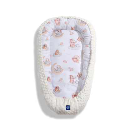 Baby cocoon Moony Dream - baby nest with gentle bunny and moon-themed print, designed for your baby’s comfort