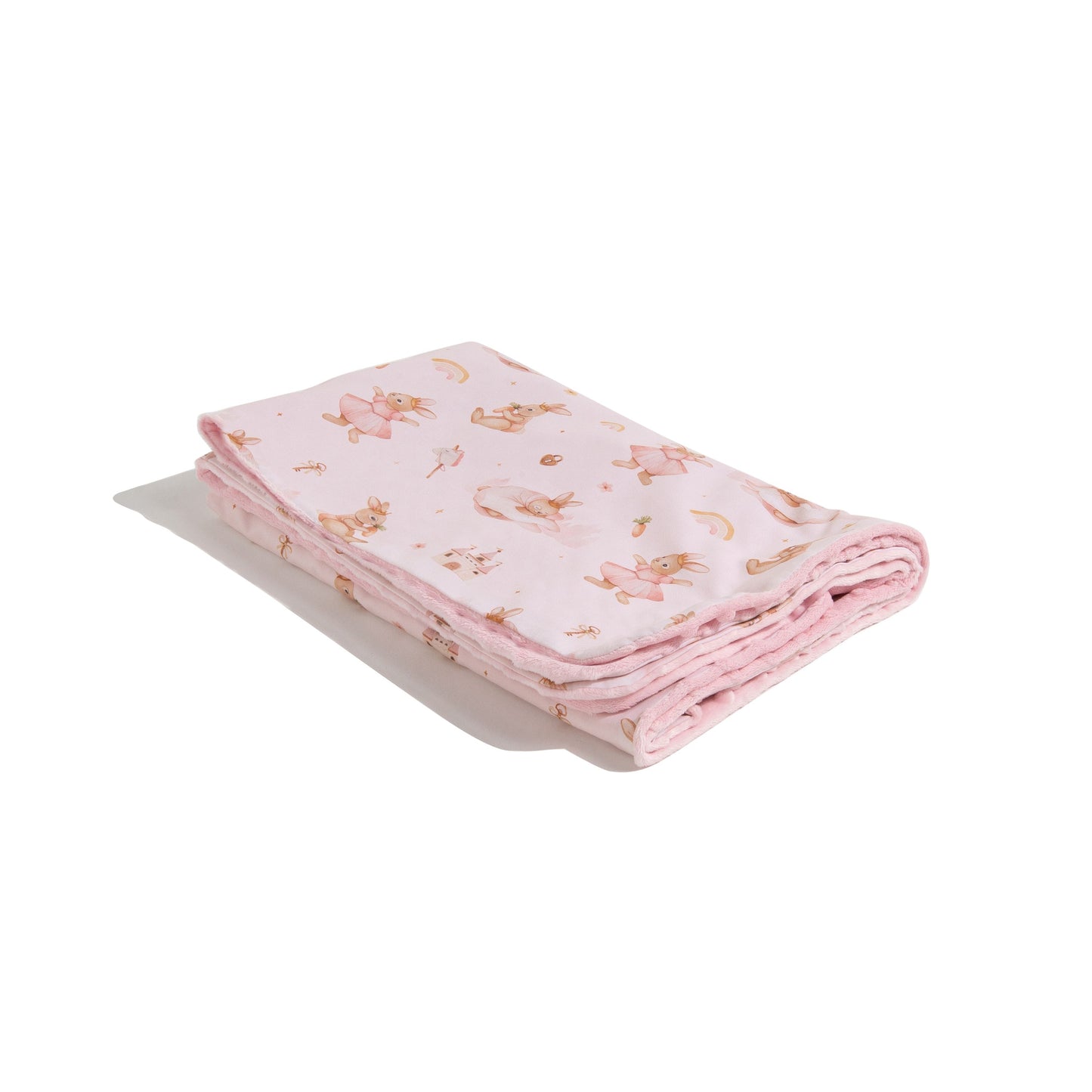 Baby cocoon blanket made from soft minky fabric, part of the Bunnyland collection, captured from a side-angle view