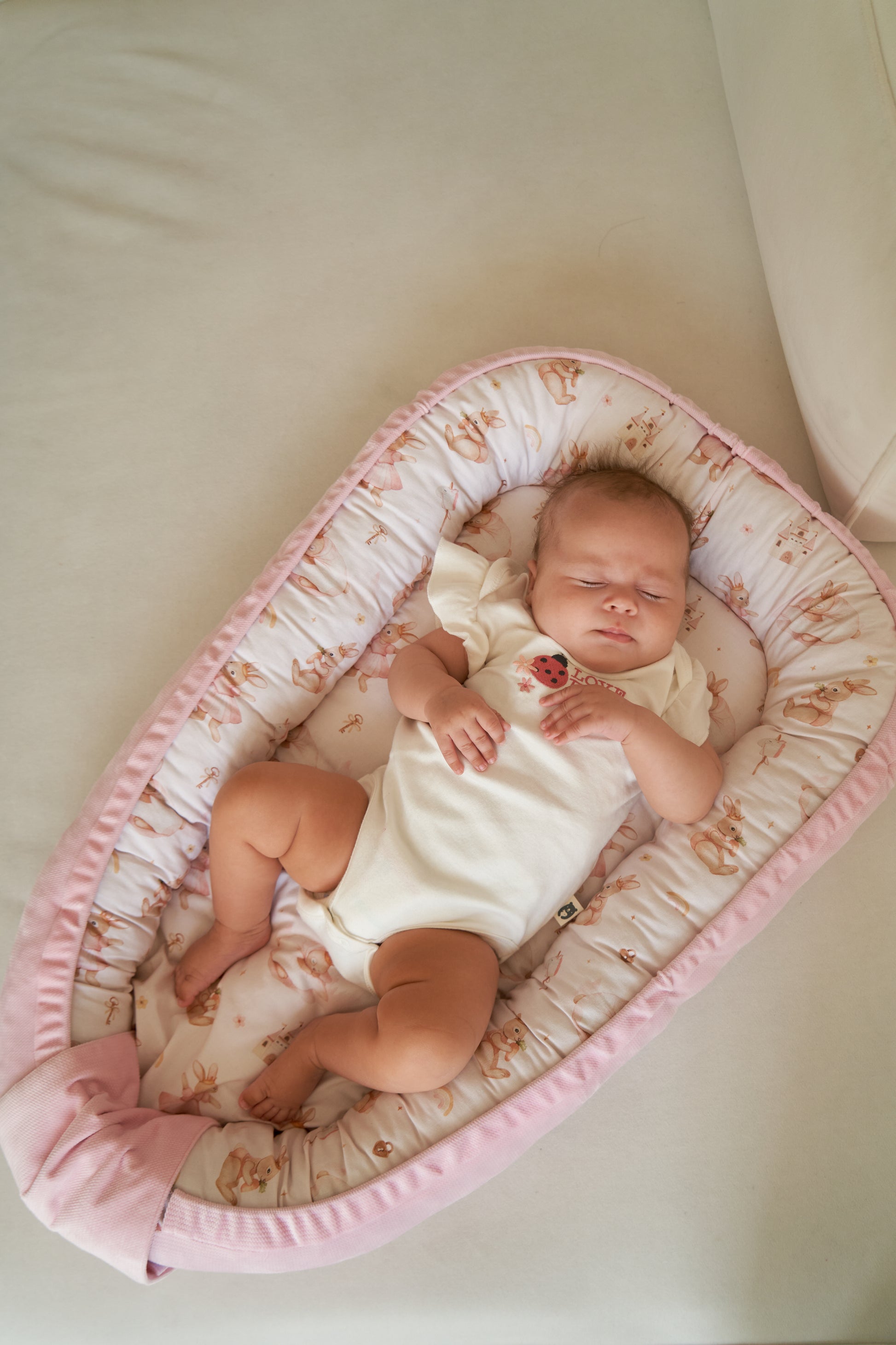 Newborn baby in a bunny-printed baby nest, surrounded by soft and pastel tones