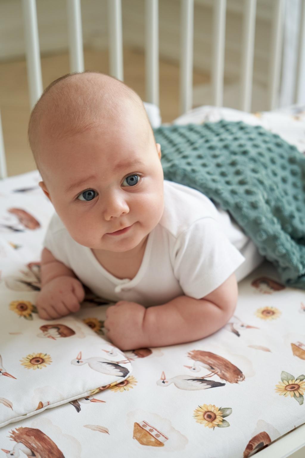 Baby’s first pillow with a soft teddy bear print, shown with a baby lying on it in a crib