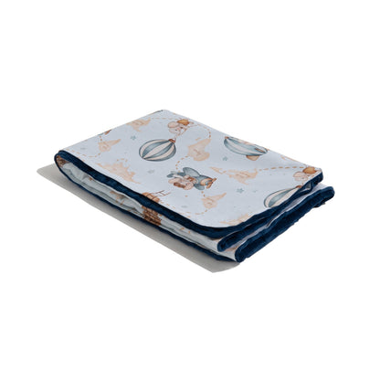 Top view of baby blanket with hot air balloons and bear print, blue and white design, Sky Dreamer collection